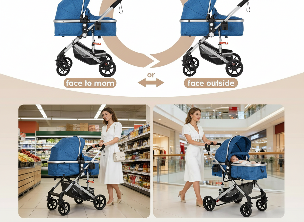 3-in-1 Baby Pram & Stroller, Baby Stroller with Reversible Bassinet, Mother Choice Travel Pram with Spring Shock Absorption, 5-Point Safety Harness, One-Hand Fold, Suitable for Newborn to Toddler