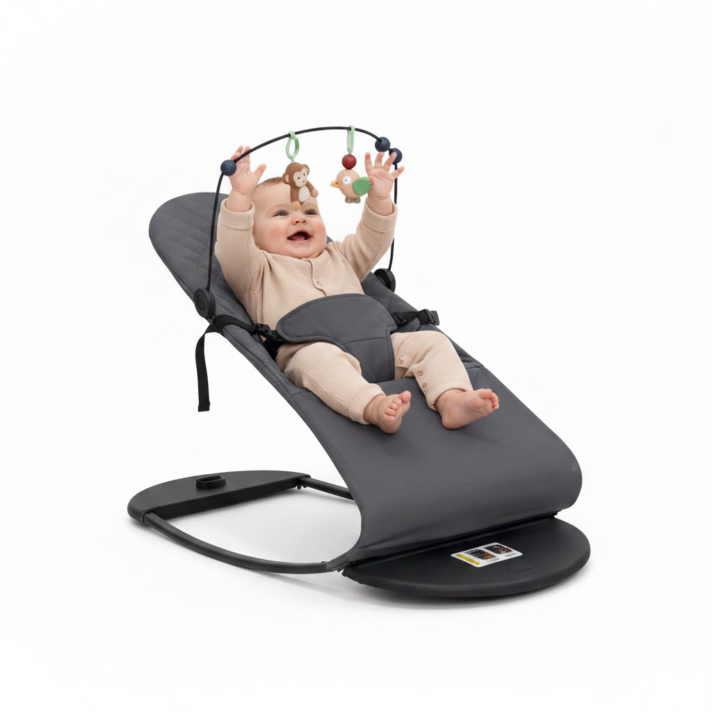 Organic Cotton Baby Rocker with 3 Recline Positions, Toy Bar & 3-Point Safety Harness – Foldable Infant Bouncer, Breathable Removable Cover, Strong Iron Frame, 0–12 Months, 20kg Capacity