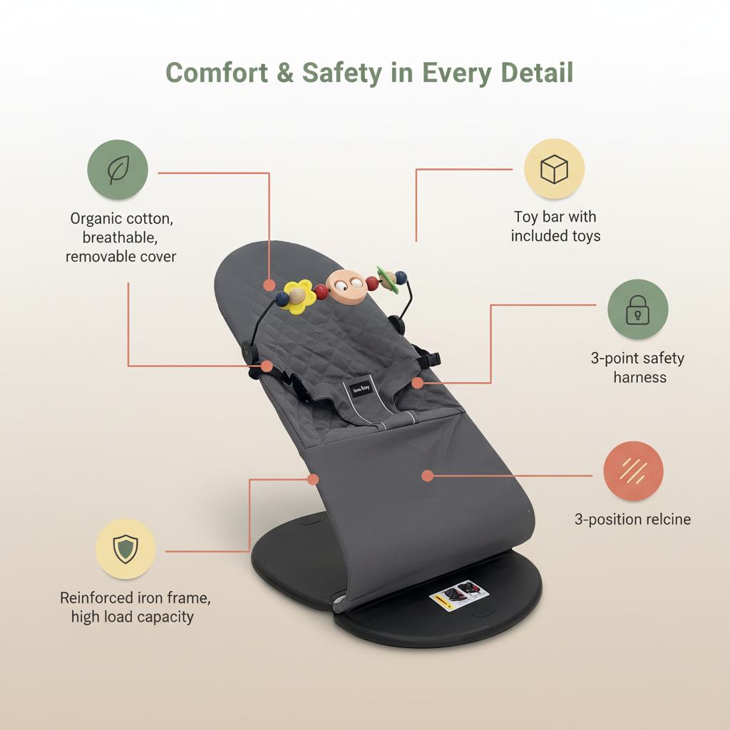 Organic Cotton Baby Rocker with 3 Recline Positions, Toy Bar & 3-Point Safety Harness – Foldable Infant Bouncer, Breathable Removable Cover, Strong Iron Frame, 0–12 Months, 20kg Capacity