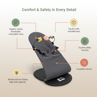 Organic Cotton Baby Rocker with 3 Recline Positions, Toy Bar & 3-Point Safety Harness – Foldable Infant Bouncer, Breathable Removable Cover, Strong Iron Frame, 0–12 Months, 20kg Capacity
