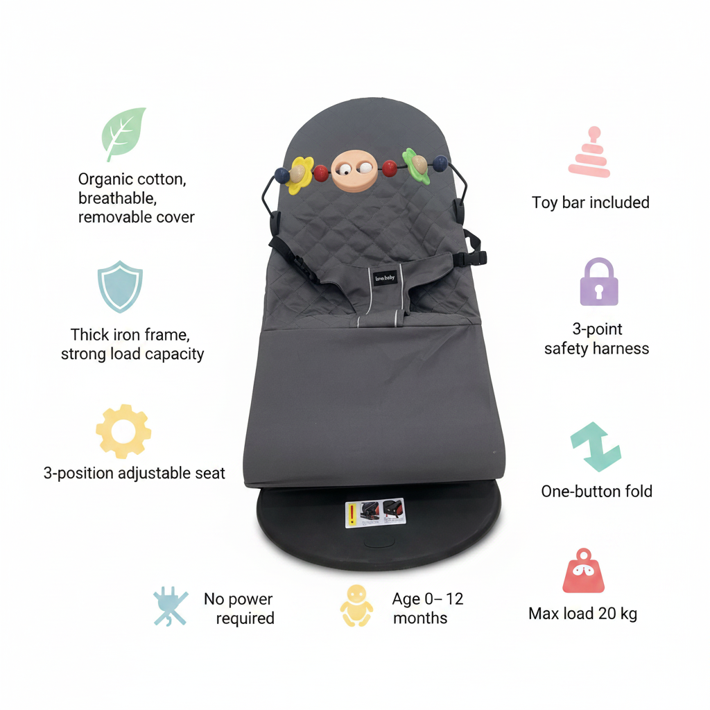 Organic Cotton Baby Rocker with 3 Recline Positions, Toy Bar & 3-Point Safety Harness – Foldable Infant Bouncer, Breathable Removable Cover, Strong Iron Frame, 0–12 Months, 20kg Capacity