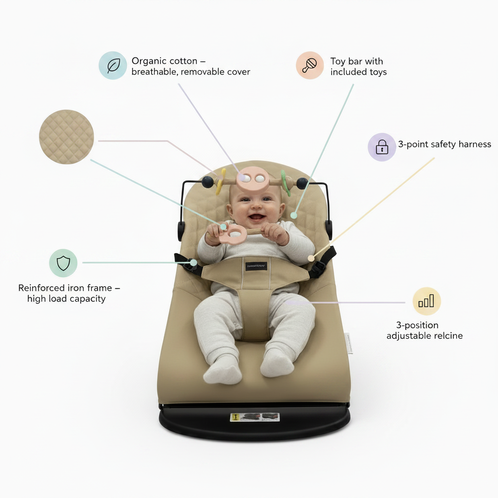 Baby Rocker Bouncer with Organic Cotton Cover, 3 Recline Positions & Toy Bar – Foldable Infant Seat with 3-Point Harness, Breathable & Removable Fabric, Strong Iron Frame, 0–12 Months, 20kg Capacity