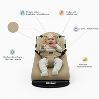 Baby Rocker Bouncer with Organic Cotton Cover, 3 Recline Positions & Toy Bar – Foldable Infant Seat with 3-Point Harness, Breathable & Removable Fabric, Strong Iron Frame, 0–12 Months, 20kg Capacity