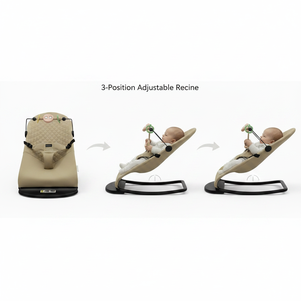 Baby Rocker Bouncer with Organic Cotton Cover, 3 Recline Positions & Toy Bar – Foldable Infant Seat with 3-Point Harness, Breathable & Removable Fabric, Strong Iron Frame, 0–12 Months, 20kg Capacity