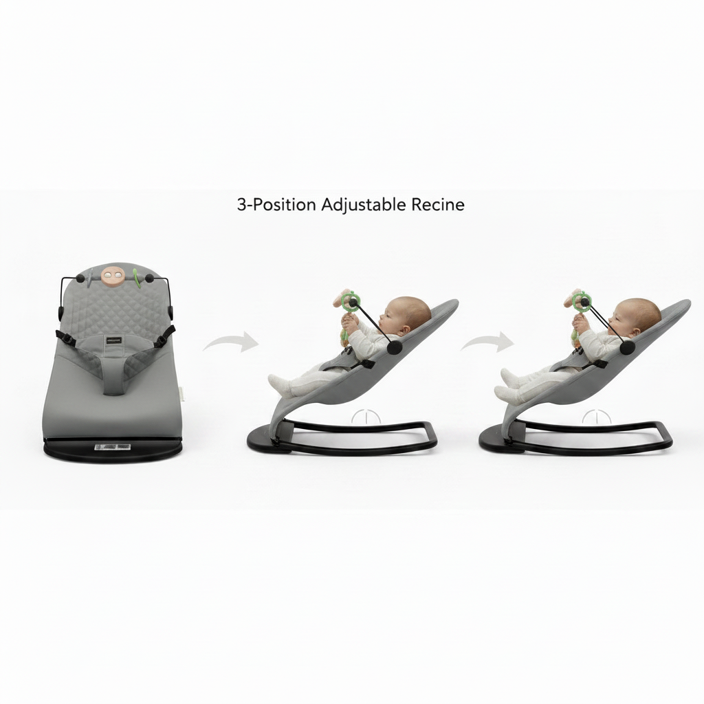Comfort meets safety with this ergonomic baby rocker, designed with breathable organic cotton, a sturdy iron frame, and adjustable reclining positions to support your baby from newborn to 6 months.