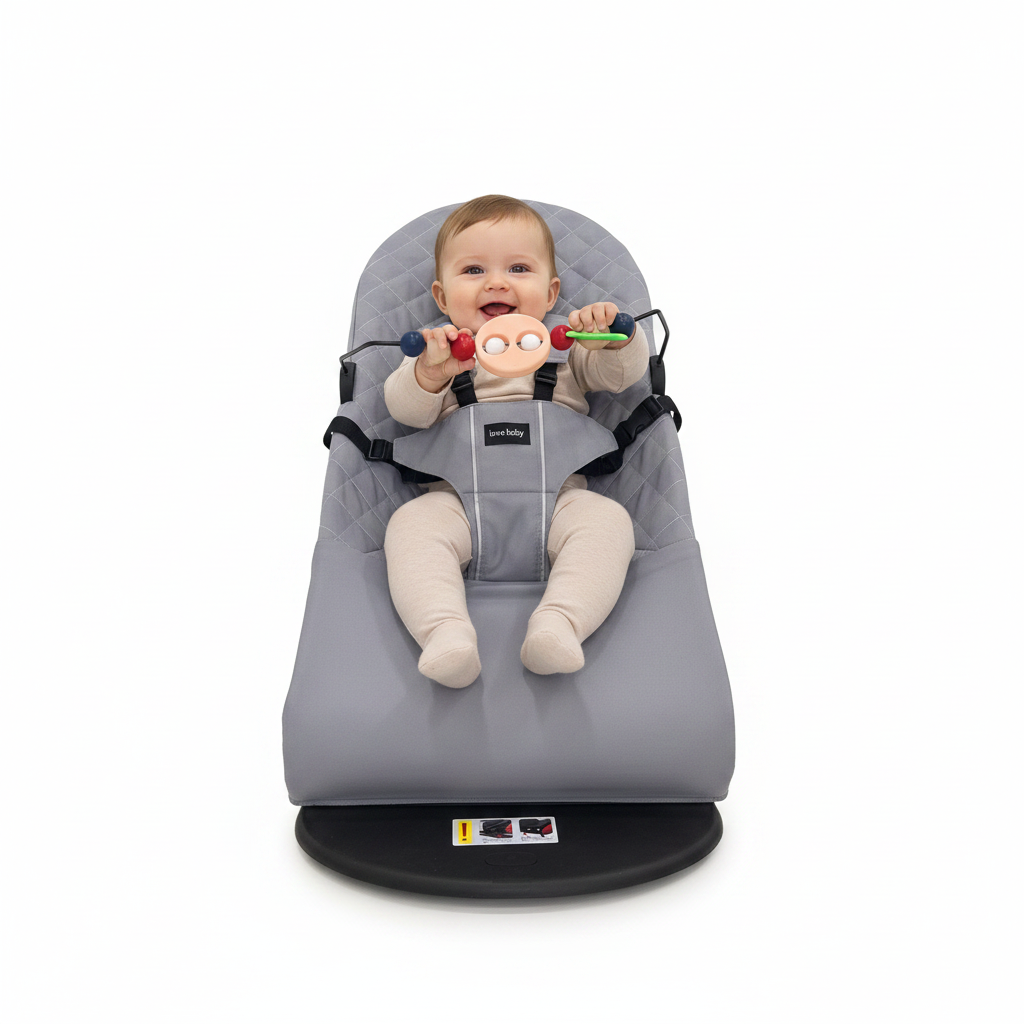 Comfort meets safety with this ergonomic baby rocker, designed with breathable organic cotton, a sturdy iron frame, and adjustable reclining positions to support your baby from newborn to 6 months.