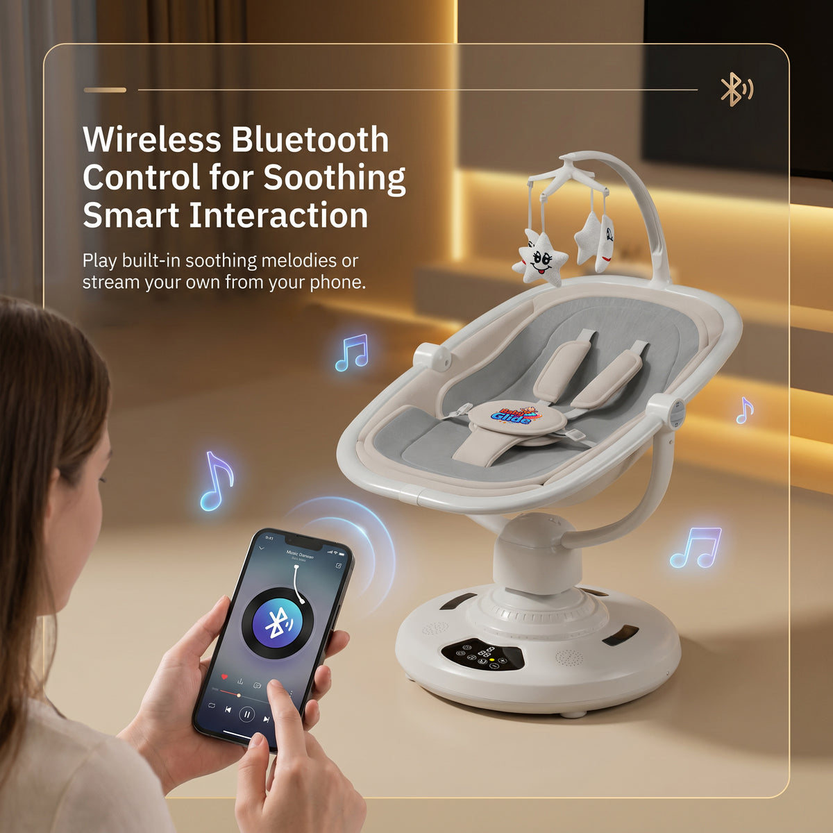 Baby Glide Electric Baby Swing – Smart Bluetooth Baby Rocker with Remote Control & 5 Swing Speeds,Blue