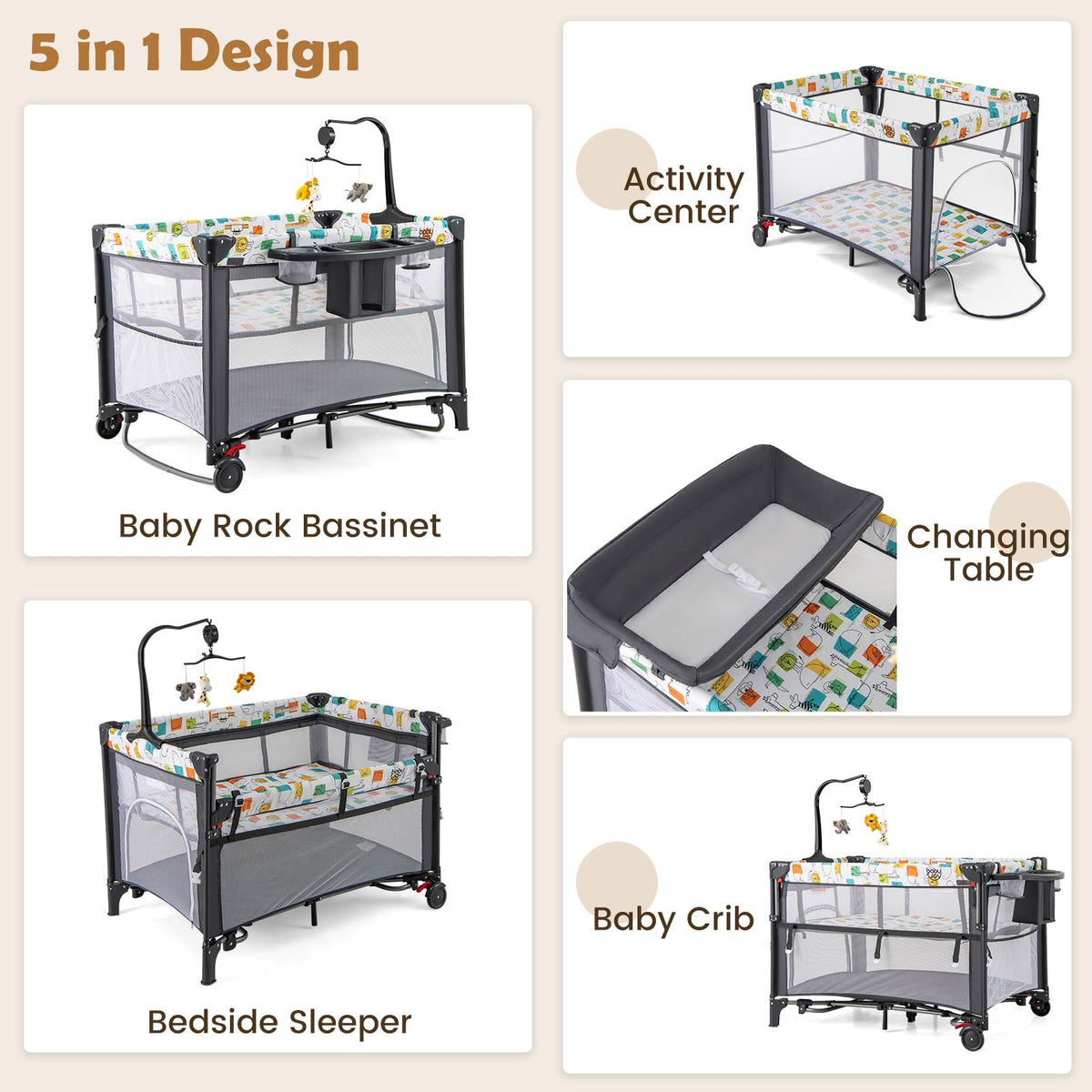Baby Joy 5-IN-1 Baby Travel Cot Portable Bedside Baby Crib Co Sleeper Portacot Foldable