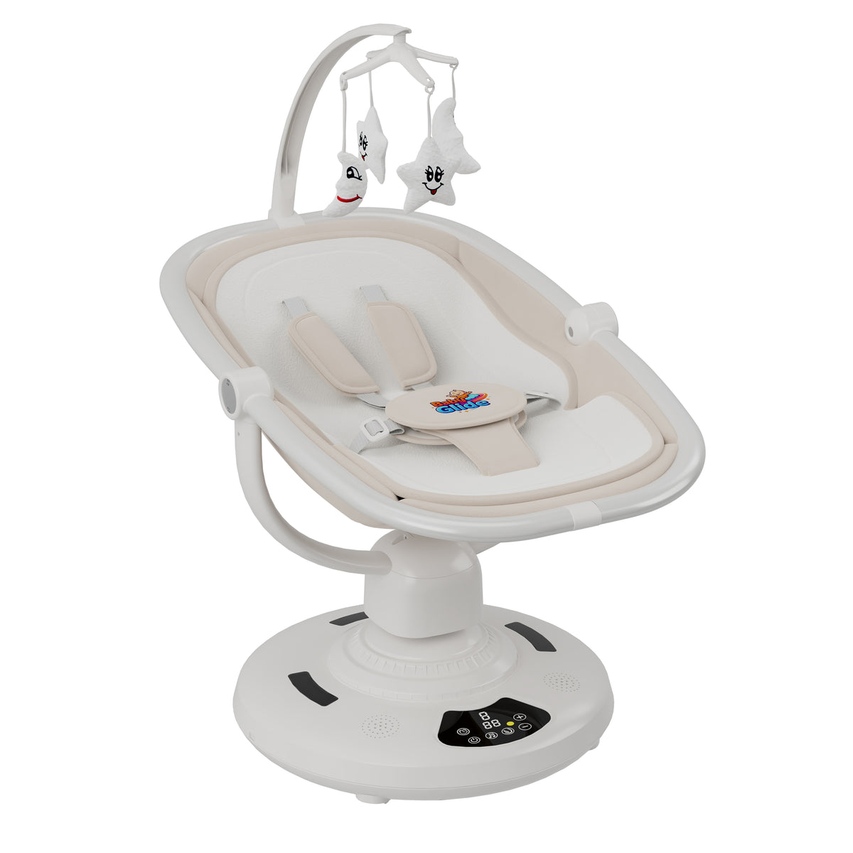 Electric Baby Swing with Bluetooth & Remote Control – 5-Speed Infant Rocker, Adjustable Recline, Mosquito Net, Music Player & Hanging Toys, Soft Breathable Fabric, Aluminium Frame, Beige Colour
