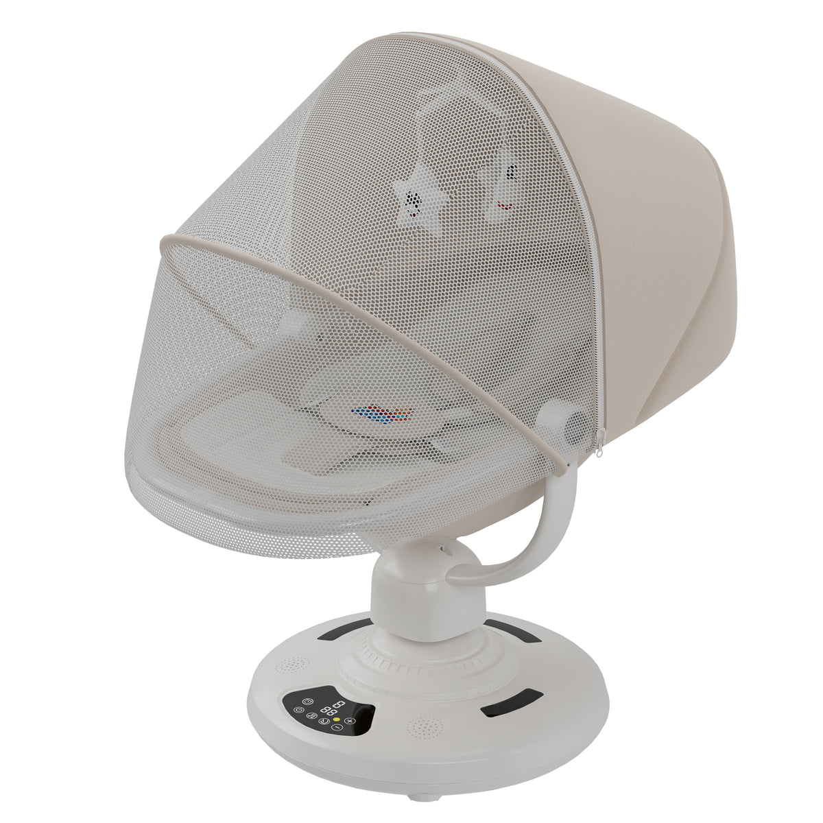 Electric Baby Swing with Bluetooth & Remote Control – 5-Speed Infant Rocker, Adjustable Recline, Mosquito Net, Music Player & Hanging Toys, Soft Breathable Fabric, Aluminium Frame, Beige Colour