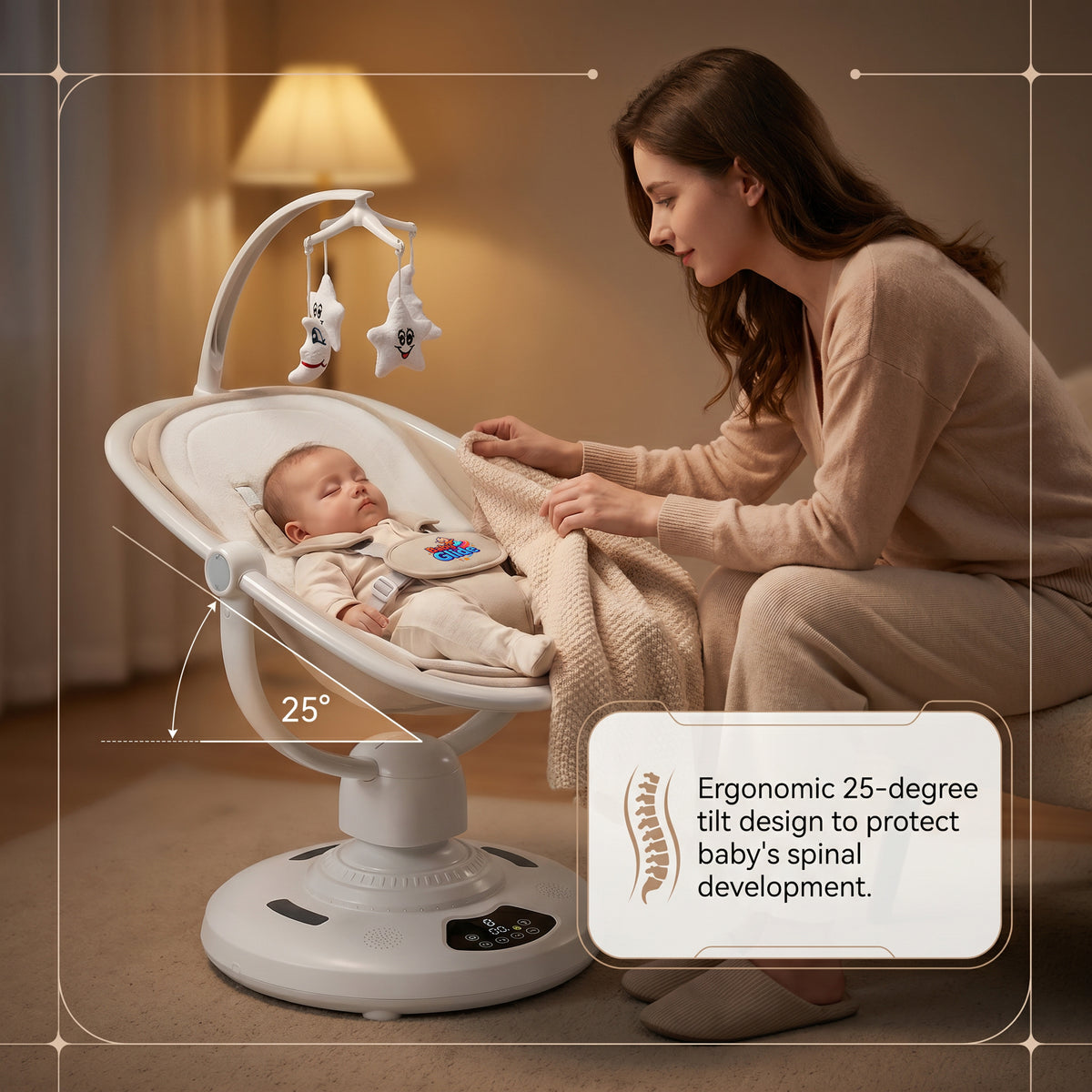 Electric Baby Swing with Bluetooth & Remote Control – 5-Speed Infant Rocker, Adjustable Recline, Mosquito Net, Music Player & Hanging Toys, Soft Breathable Fabric, Aluminium Frame, Beige Colour