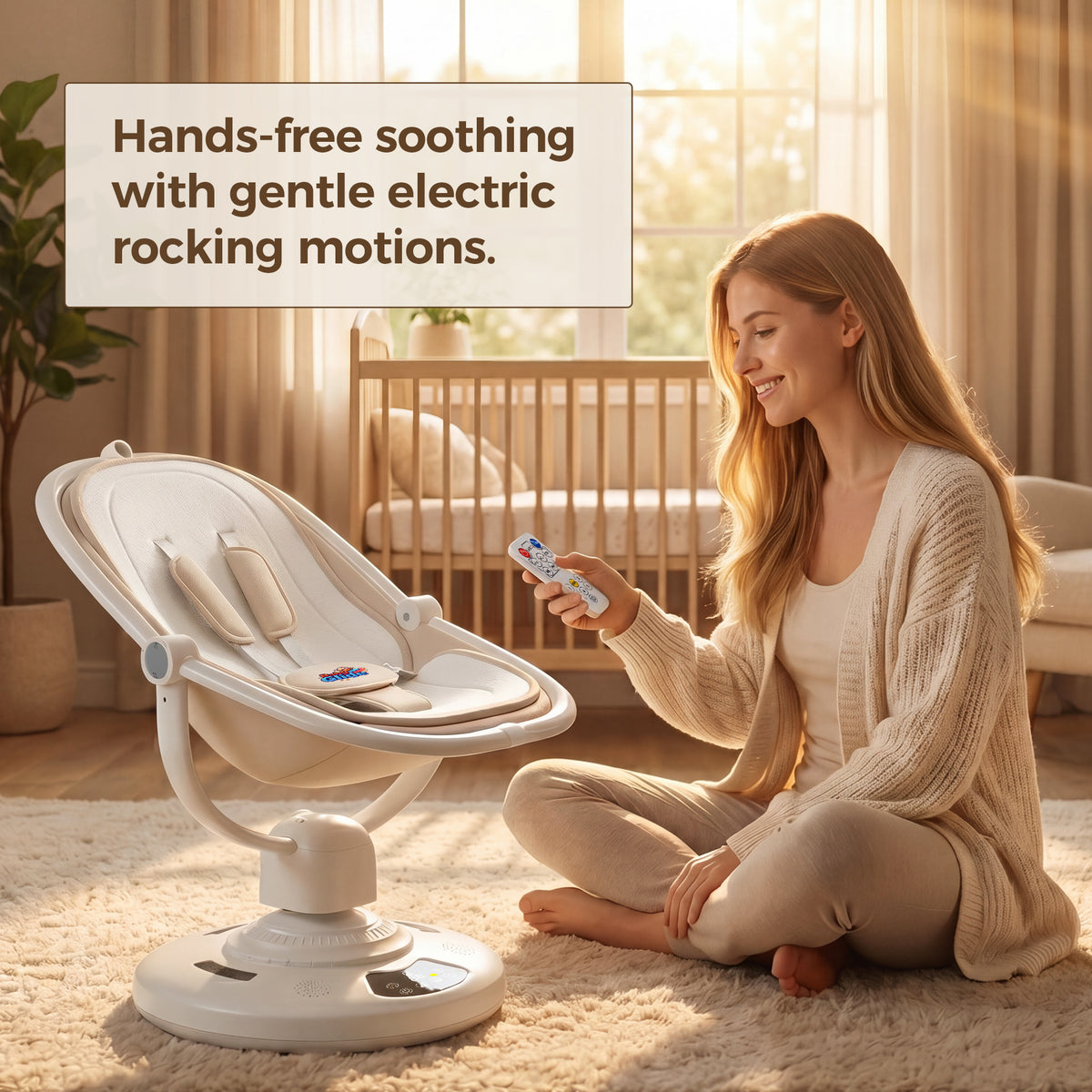 Electric Baby Swing with Bluetooth & Remote Control – 5-Speed Infant Rocker, Adjustable Recline, Mosquito Net, Music Player & Hanging Toys, Soft Breathable Fabric, Aluminium Frame, Beige Colour