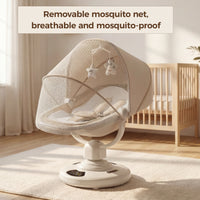 Electric Baby Swing with Bluetooth & Remote Control – 5-Speed Infant Rocker, Adjustable Recline, Mosquito Net, Music Player & Hanging Toys, Soft Breathable Fabric, Aluminium Frame, Beige Colour