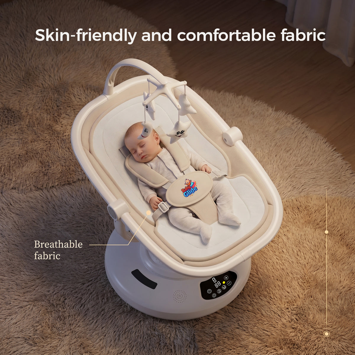 Electric Baby Swing with Bluetooth & Remote Control – 5-Speed Infant Rocker, Adjustable Recline, Mosquito Net, Music Player & Hanging Toys, Soft Breathable Fabric, Aluminium Frame, Beige Colour